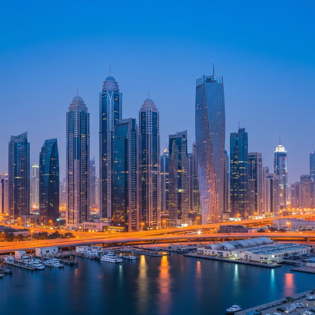 Dubai business district showcasing modern skyscrapers and trading infrastructure